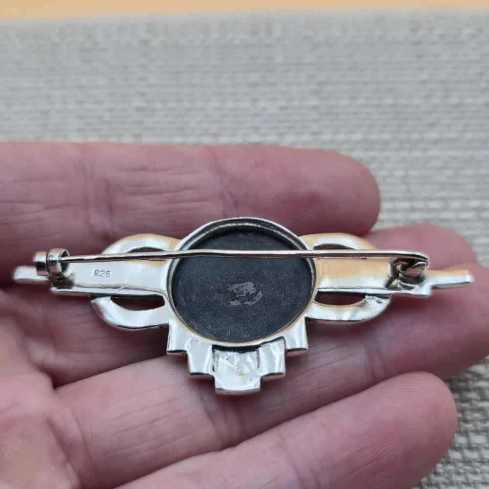 Sterling Silver Black Onyx And Marcasite Stones Pin Brooch B780 - Picture 5 of 8